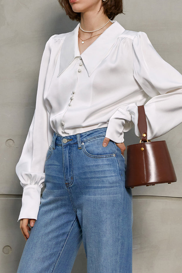 Casual Vintage V-neck Long-sleeve White Shirt