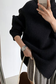 Double Slanted Zipper Slit Turtleneck Sweater-Black