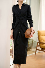 V-Neck Cinched Waist Pleated Maxi Shirt Dress-Black