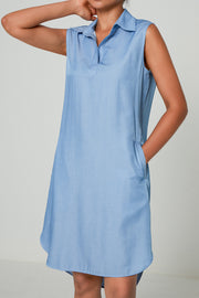 Tencel denim sleeveless shirt collar v-neck midi skirt