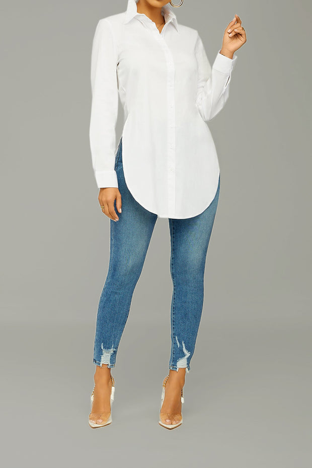 Curved Hem Button-up Shirt-White