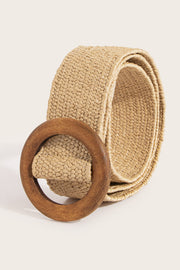 Round Dark Wood Buckle QQ Straw Woven Elastic Waist Belt