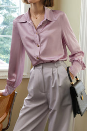 Satin Slim Fit Pink Loose Vintage Long Sleeve Shirt