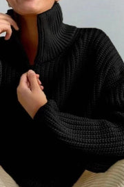 Turtleneck Pullover Zip-Up Oversized Fit Knit Sweater Top-Black