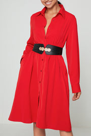 Shirt Dress Long sleeve Plain Simple Dress-Red