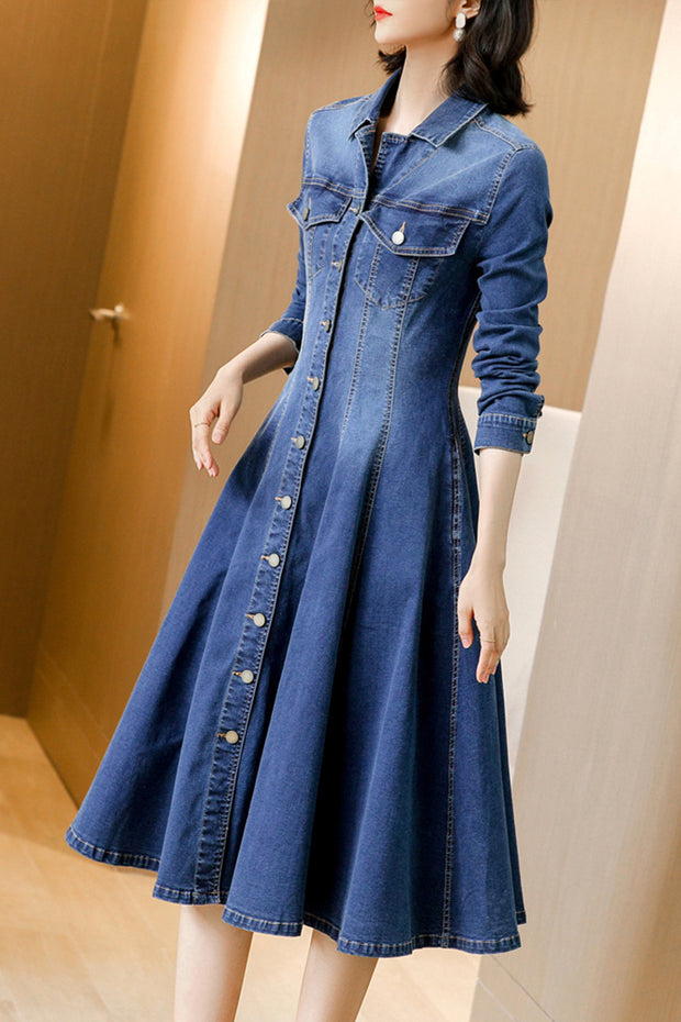Elegance Redefined: Waist Mid-Length A-Line Denim Dress