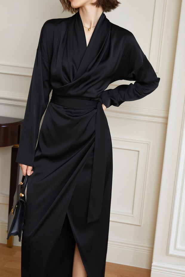 Shirt Dress Women 2023 Spring New Black Long-sleeved Commuter Tie High Maxi Dress