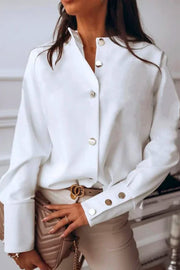 Elegant Long-Sleeved Blouse with Small High Collar and Metal Buttons-White