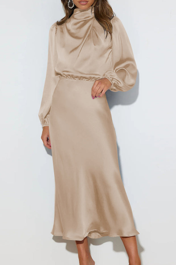 Luxurious Satin High Neck Pleated Elegant Long Sleeve Dress