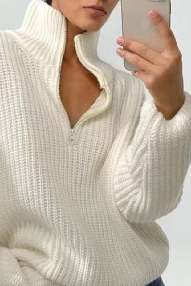 Turtleneck Pullover Zip-Up Oversized Fit Knit Sweater Top-Whiet