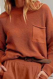 Women's Round Neck Long Sleeve Side Pocket Design Knitted Sweater
