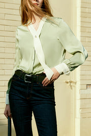 Avocado Green Long Sleeve Long Collar Silk Shirt
