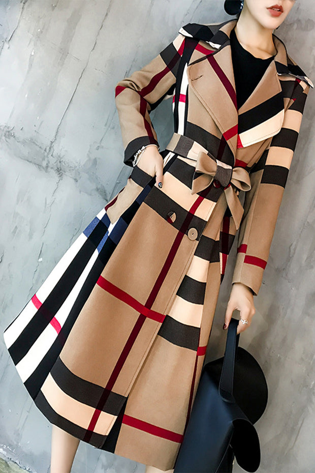 Lapel Collar Slim Fit Simple Color Block Retro Plaid Long Coat Trench Coat