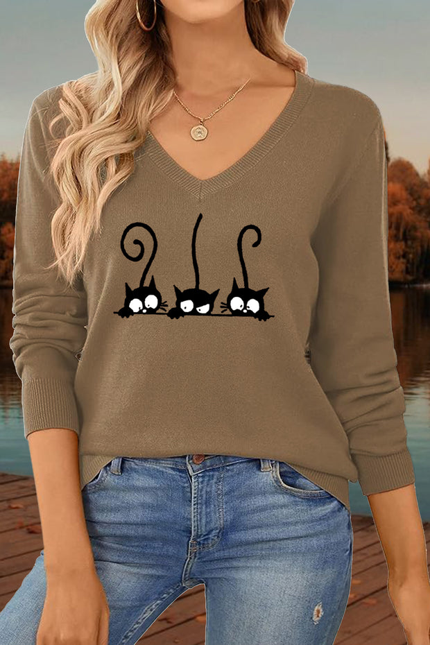 '3 Cats Buddies' Women's V-Neck Loose Knit Pullover Sweater