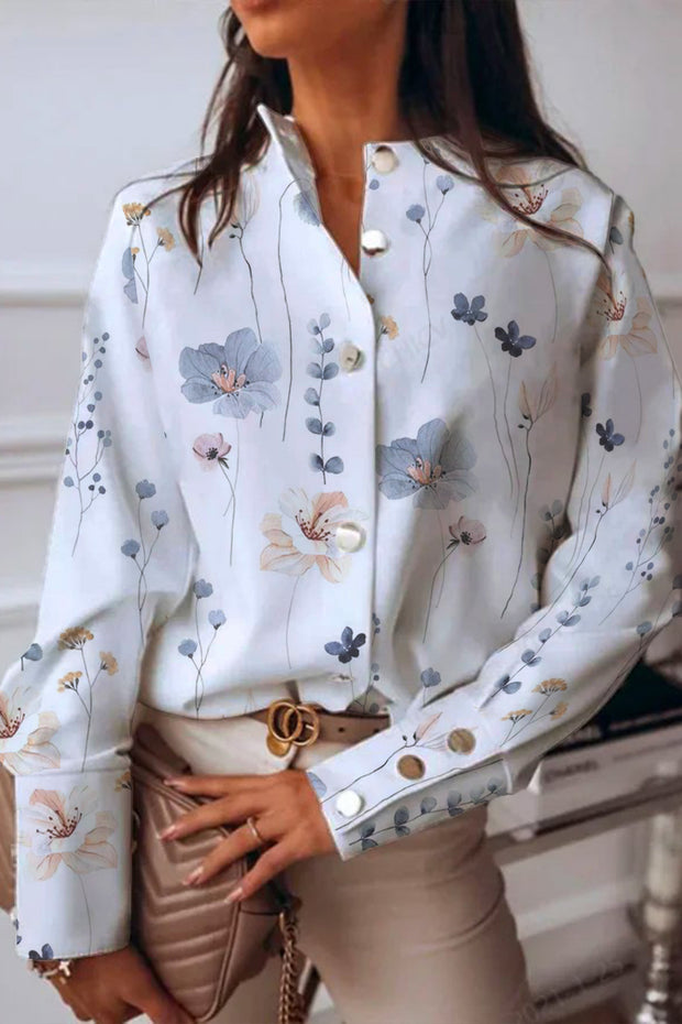 Small Fresh Flower Print Elegant Long-Sleeved Small High Collar Metal Buttons Shirt