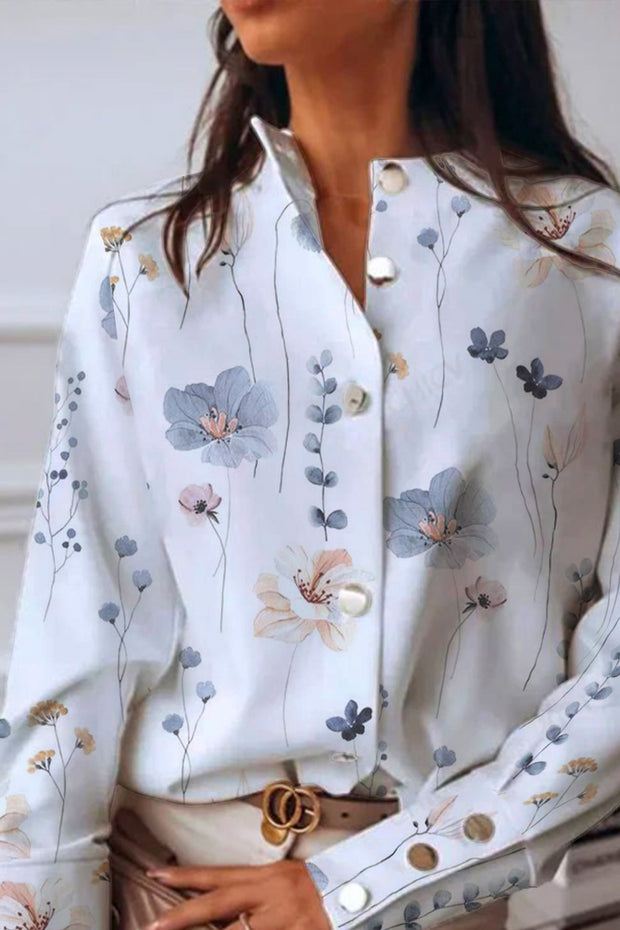 Small Fresh Flower Print Elegant Long-Sleeved Small High Collar Metal Buttons Shirt