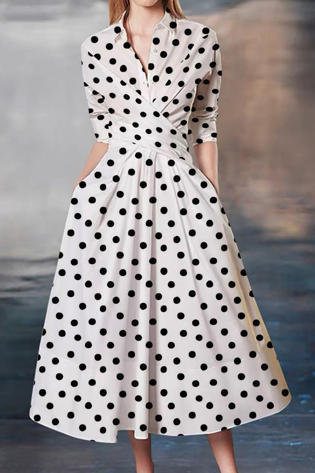 Elegant Irregular Small Polka Dot Print Waist-cinching Umbrella Hem Maxi Dress-White