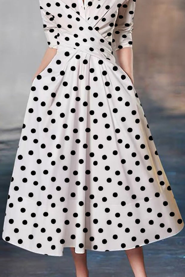 Elegant Irregular Small Polka Dot Print Waist-cinching Umbrella Hem Maxi Dress-White