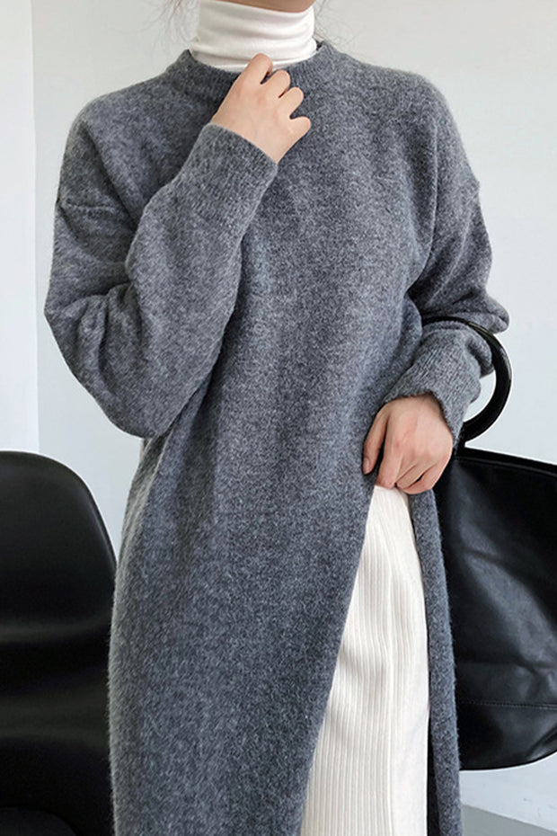 Chic Hem Slit Mid-Length Sweater-Grey