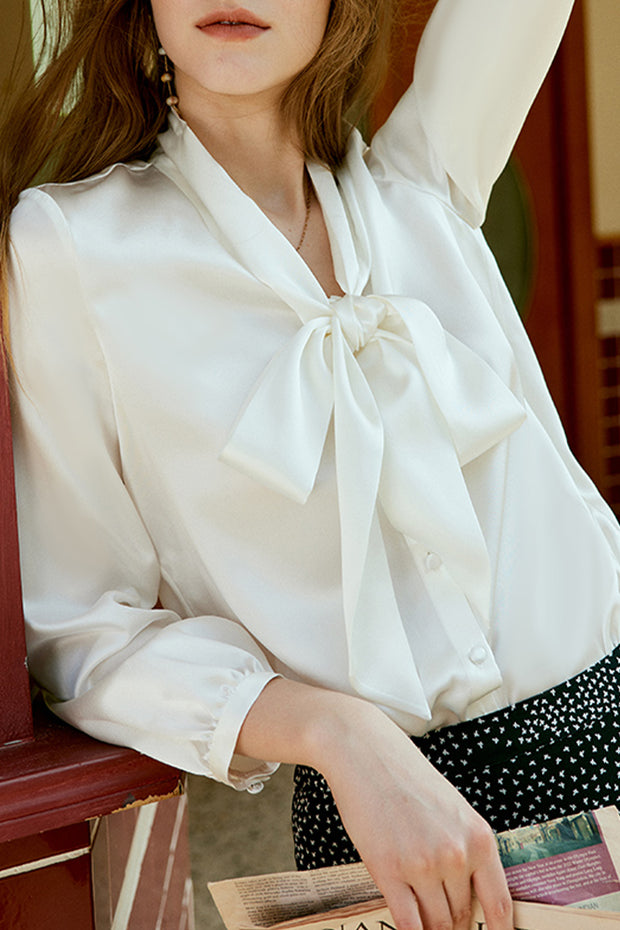 Ribbon Collar Loose Long Sleeve Silk Shirt