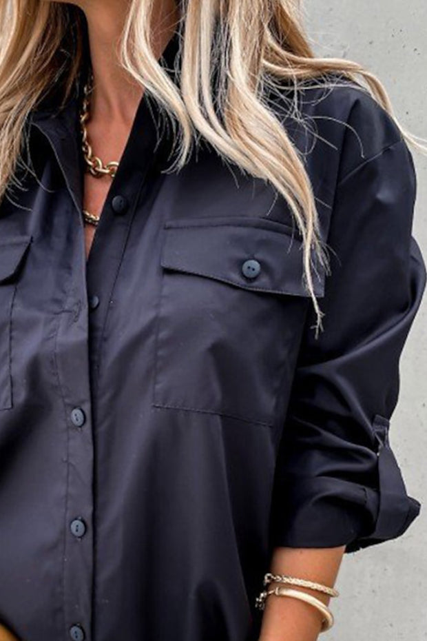 Women's Decorative Pocket Comfortable Short Sleeve Shirt - Black