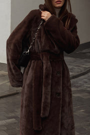 Elegant Long Double Breasted Fur Coat-Off-Brown