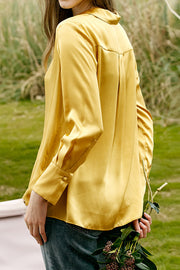 Gold Silk Top Long Sleeve Covered Button Shirt
