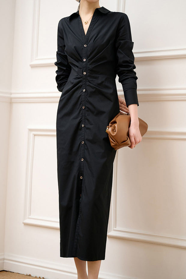 V-Neck Cinched Waist Pleated Maxi Shirt Dress-Black