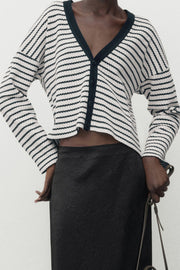 Short V-neck Striped Knit Cardigan