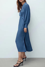 Dark Blue Waist Long Sleeve Maxi Dresses