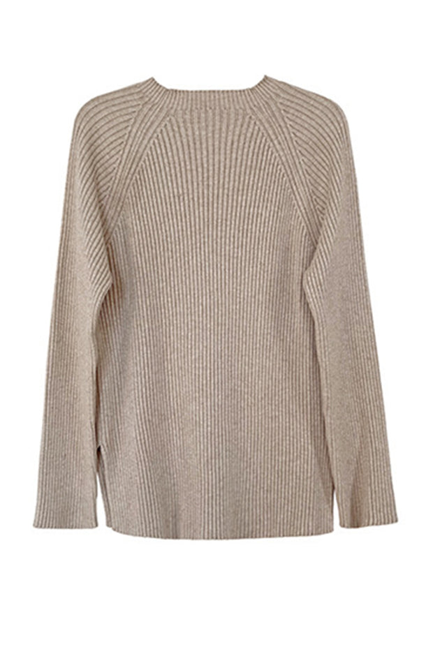 Fashion Split Turtleneck Padded Knitted Sweater Top-Apricot