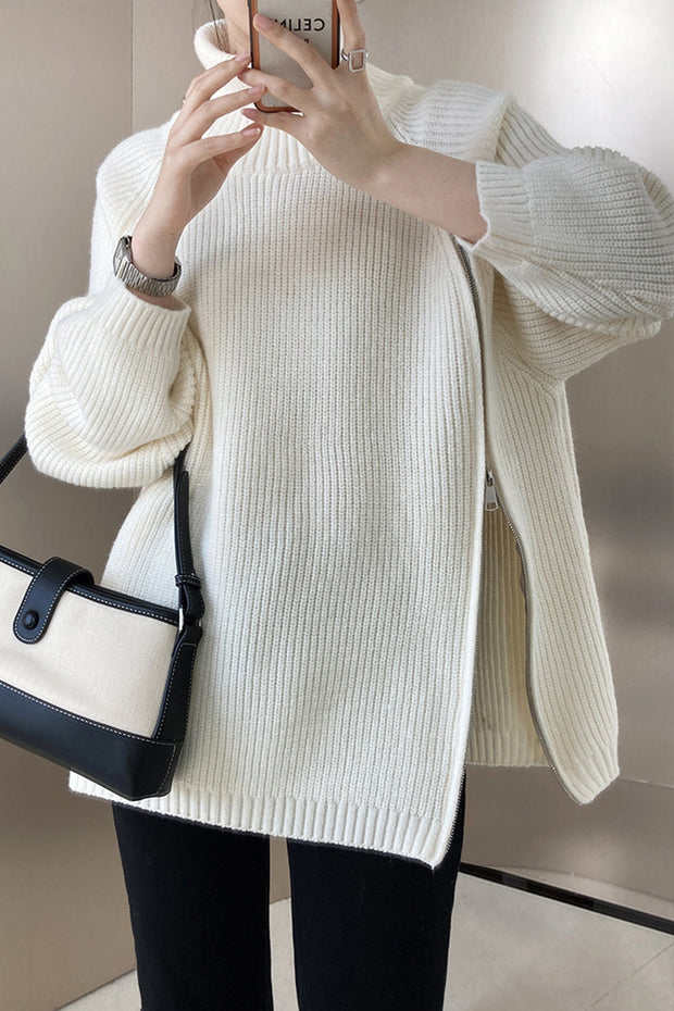 Double Slanted Zipper Slit Turtleneck Sweater-White