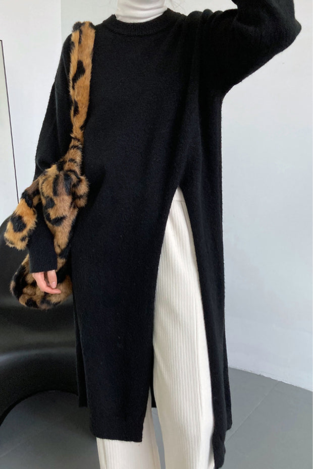 Chic Hem Slit Mid-Length Sweater-Black