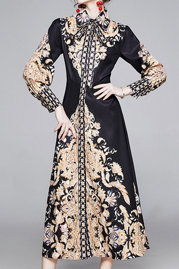Luxurious Vintage Printed Long-Sleeved Waisted Maxi Shirt Dress