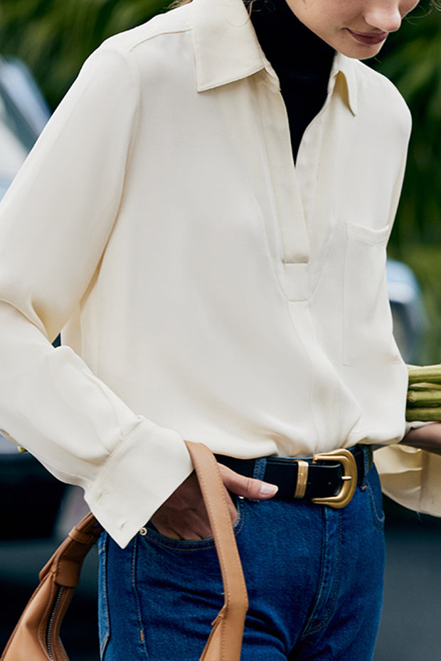 Off-White V-Neck Long-Sleeve Silk Shirt