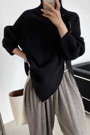 Double Slanted Zipper Slit Turtleneck Sweater-Black