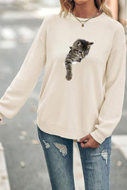 Cute Cat Crew Neck Waffle Pullover Jumper Sweater