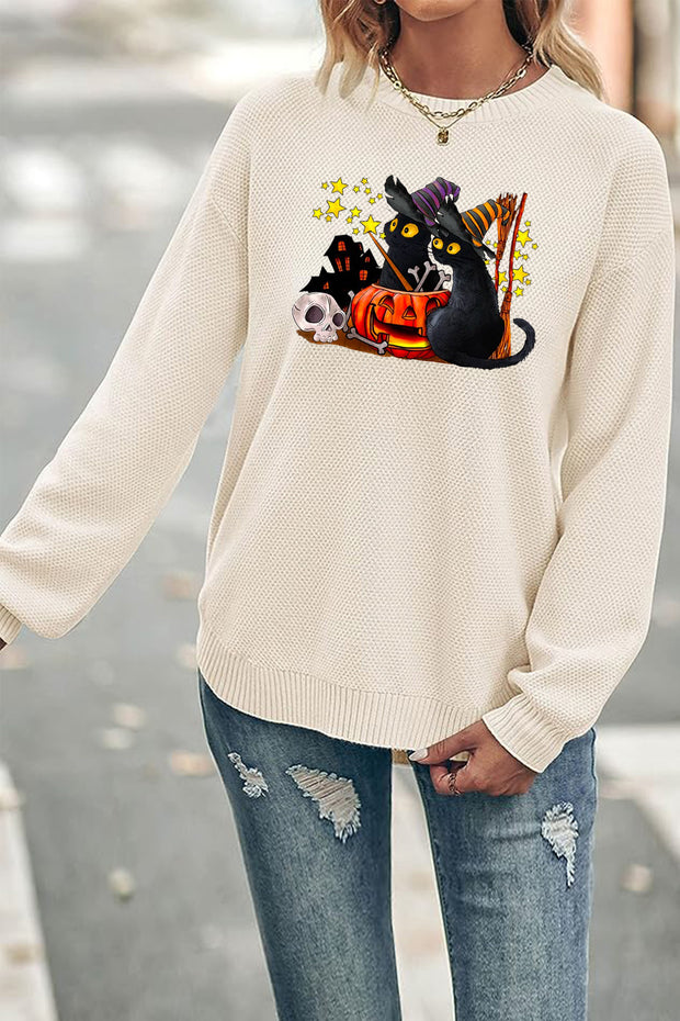 Cat Halloween Crew Neck Waffle Pullover Jumper Sweater
