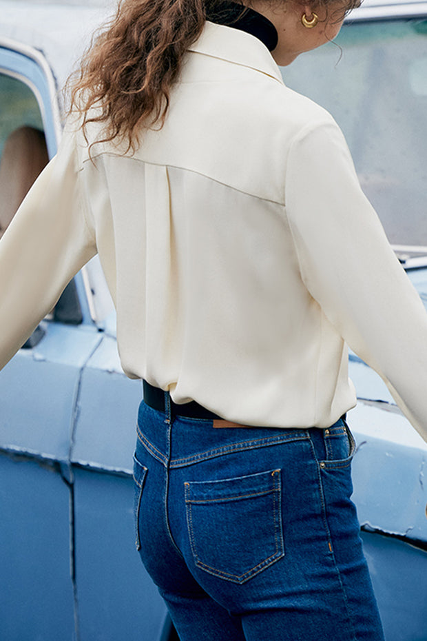 Off-White V-Neck Long-Sleeve Silk Shirt