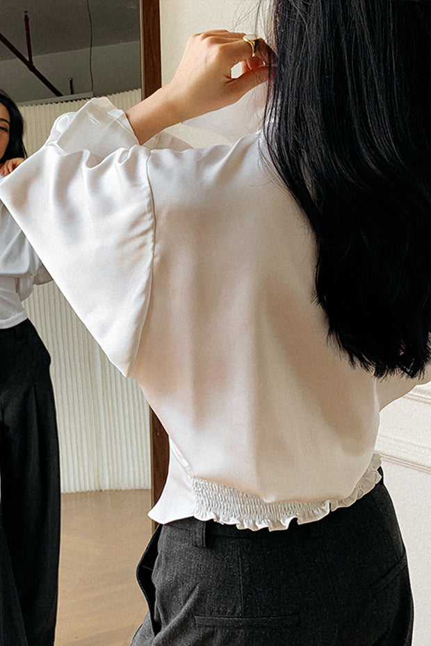 White Unbutton Twist Elastic Waist Satin Shiny Silky Shirt
