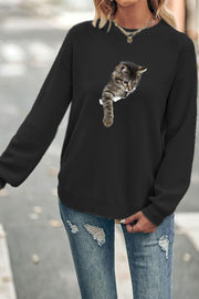 Cute Cat Crew Neck Waffle Pullover Jumper Sweater