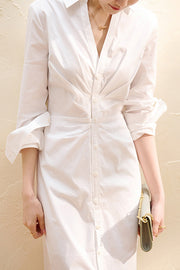 V-Neck Cinched Waist Pleated Maxi Shirt Dress-White