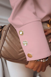 Elegant Long-Sleeved Blouse with Small High Collar and Metal Buttons-Pink