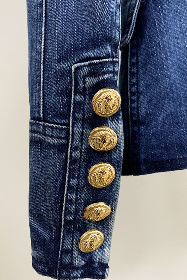 Double Breasted Lion Button Denim Tailored Jacket