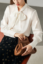 Pearl White Bow Collar Loose Long Sleeve Silk Shirt