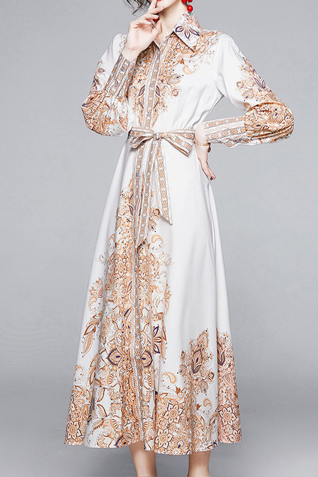 Luxurious Vintage Printed Long-Sleeved Waisted Maxi Shirt Dress