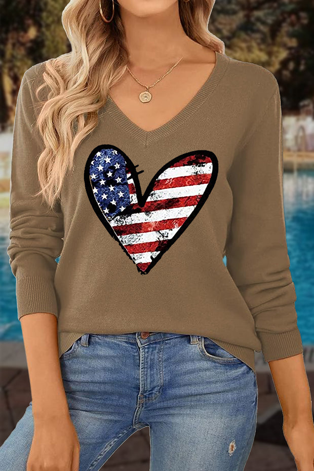 Hand-painted Heart-shaped Flag V-Neck Loose Knit Pullover Sweater