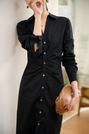 V-Neck Cinched Waist Pleated Maxi Shirt Dress-Black