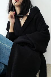 Black Loose Lapel Knit Mid-Length Coat