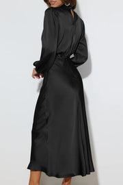 Luxurious Satin High Neck Pleated Elegant Long Sleeve Dress